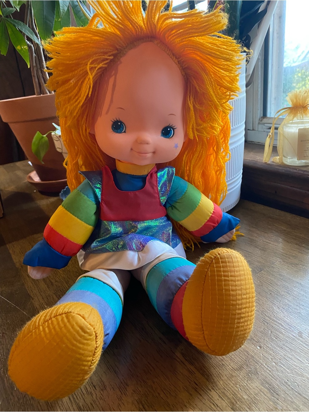Vintage 1983 Rainbow-Striped Plush Kids Doll with Yellow Hair